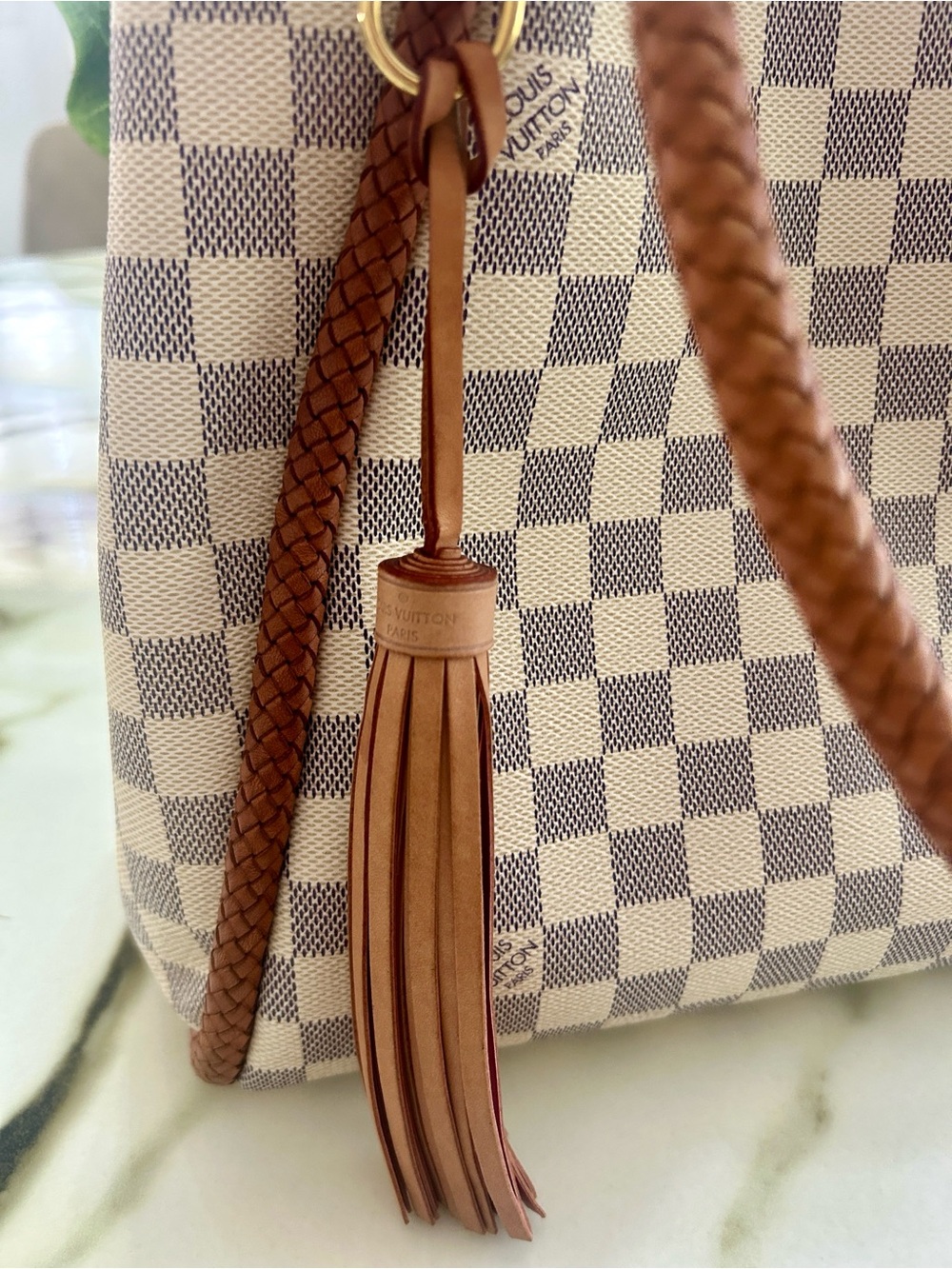 Louis Vuitton Damier Azur Braided Handle Tote - Beige/White with Brown Trim - Picture 4 of 5